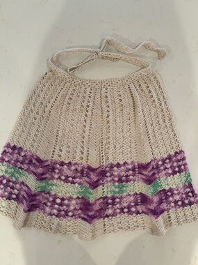 Vintage 1970’s Crochet Apron in soft  Cream with Purple & Mint Stripes